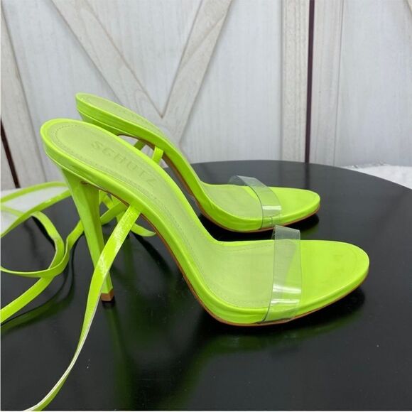 Schutz Cloe Ankle Wrap‎ Heels Neon Green 7 Clear Toe Strap Open Toe - Picture 3 of 11